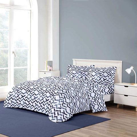 Twin Size 6 Piece Playful Print Blue Linen Set