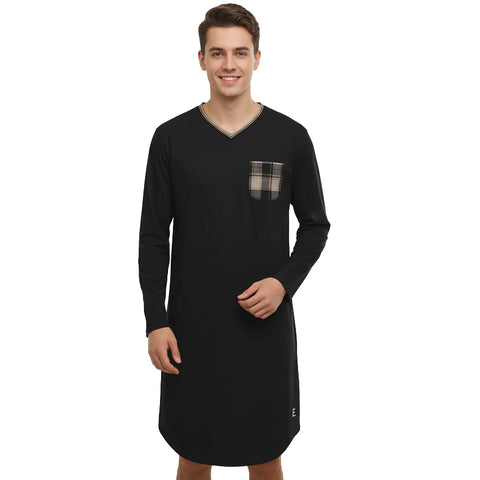 Mens Enzo Knit Night Shirt Black Plaid
