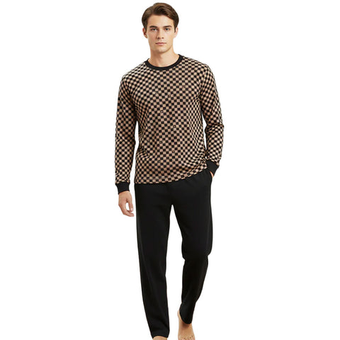 Boys Enzo Knit Pajamas Brown Checkerboard
