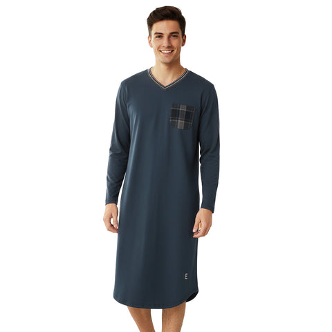 Mens Enzo Knit Night Shirt Navy Plaid
