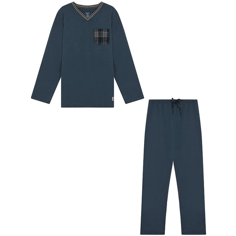 Mens Enzo Knit Pajamas Navy Plaid