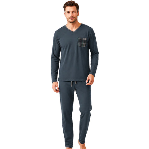 Mens Enzo Knit Pajamas Navy Plaid