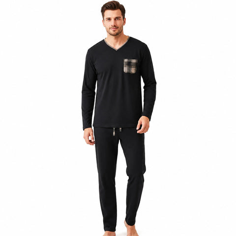 Mens Enzo Knit Pajamas Black Plaid