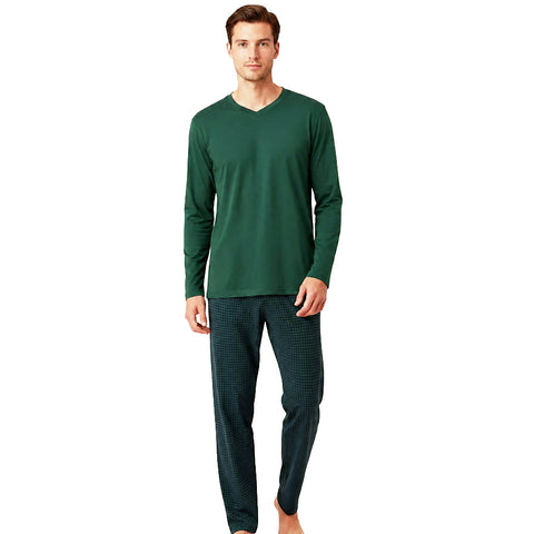 Mens Enzo Knit Pajamas Green Checked