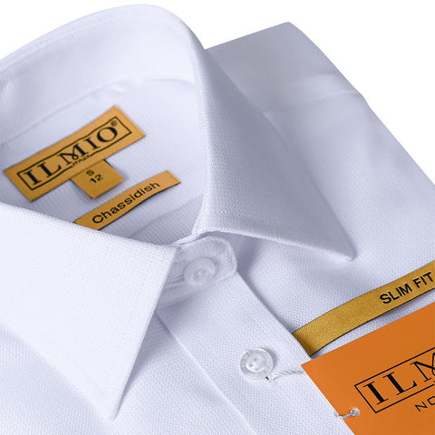 Boys Chassidish Ilmio Gold Label Slim White on White Shirt - Double Button