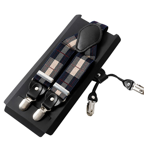 Mens Suspender 4 Clip #2 Navy / Beige Plaid