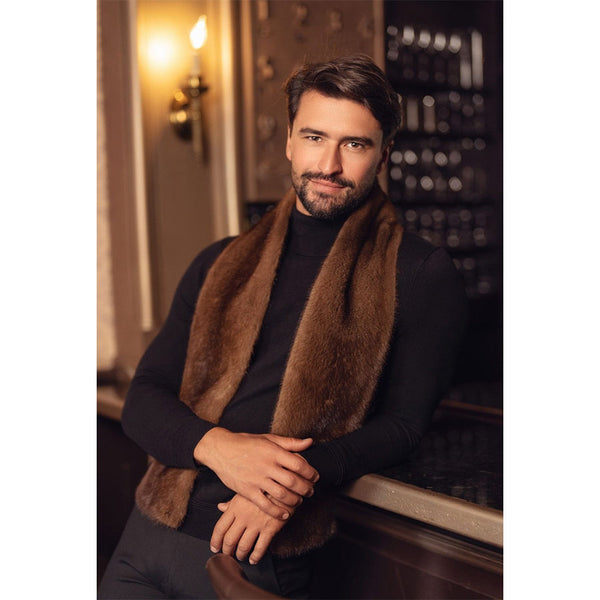 Mens Pelt Mink Full Skin Medium Brown Fur Scarf W/ Plaid Cashmere
