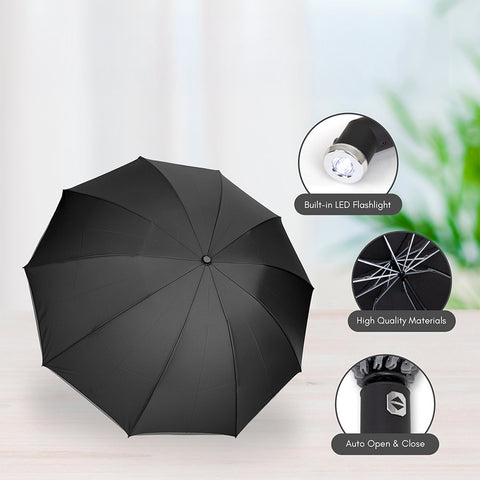 Black Reflective Small Folding Umbrella W/Flashlight