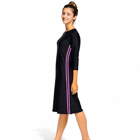 Ladies Shira Black & Hot Pink Stripes Swim Dress
