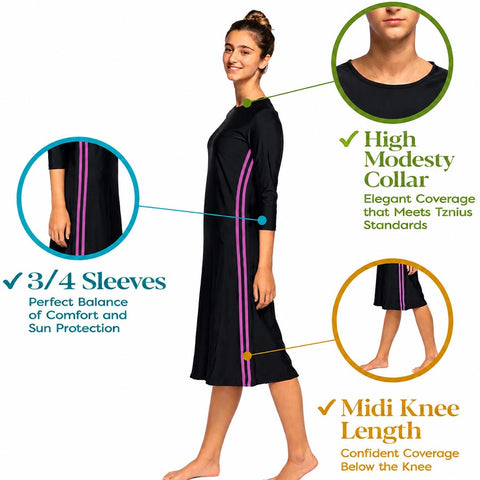 Ladies Shira Black & Hot Pink Stripes Swim Dress