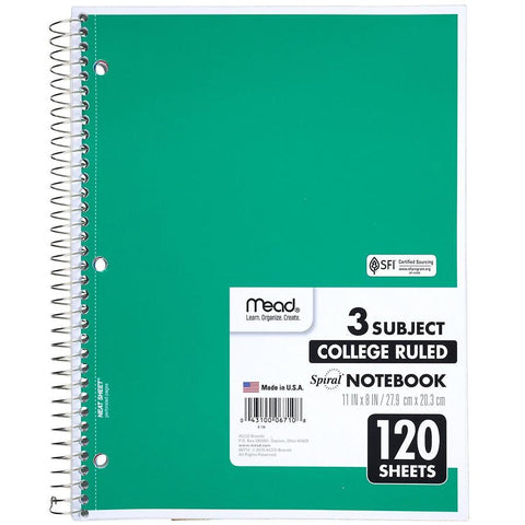 3 Subject College Ruled Spiral Notebooks